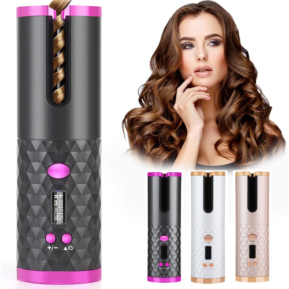 Rechargeable automatic rotating hair curler with LCD