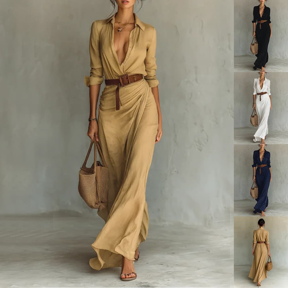 Irregular long dress with belt and lapel detail