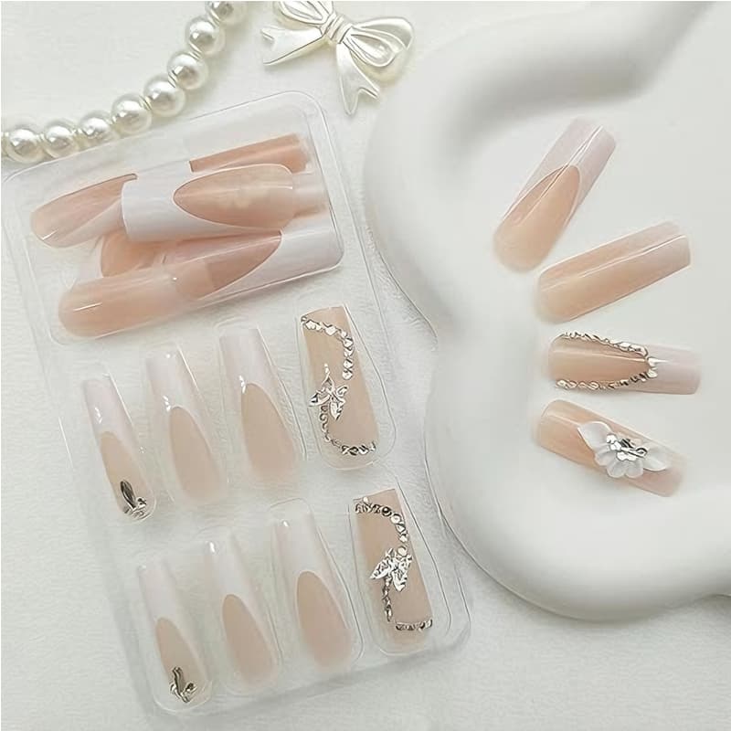 24 PCS White Flower Diamond Butterfly Nail Art