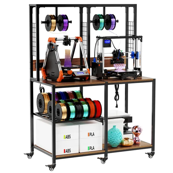 Double 3D Printer Stand With Filament Storage Heavy-Duty Metal Frame Dual 3D Printer Table Workbench T-Type Filament Holder Lockable Wheels Mobile Or Fixed Printer Rack For Home Workshop