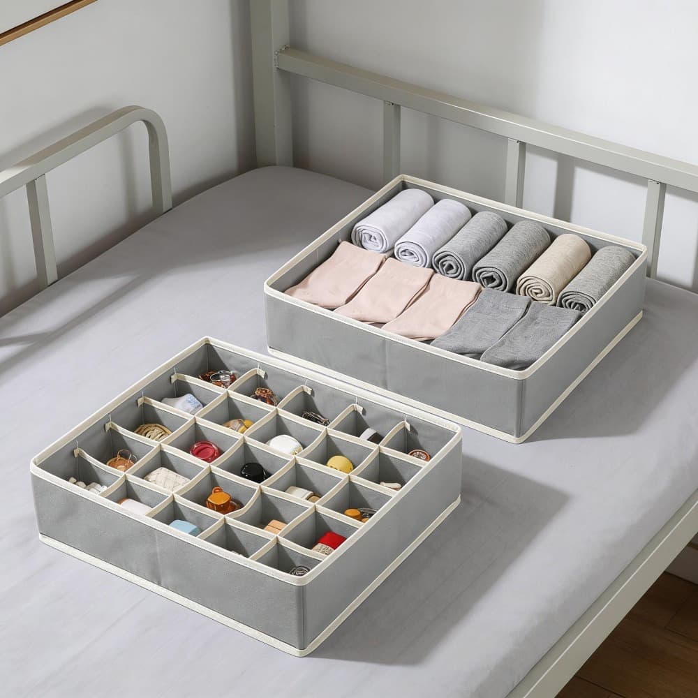 Ensemble d'organiseurs d'armoire 2 pièces, sacs de rangement à 7 compartiments et 24 compartiments, organiseurs en tissu polyvalents pour tiroirs et armoires, système d'organisation pratique pour vêtements et accessoires