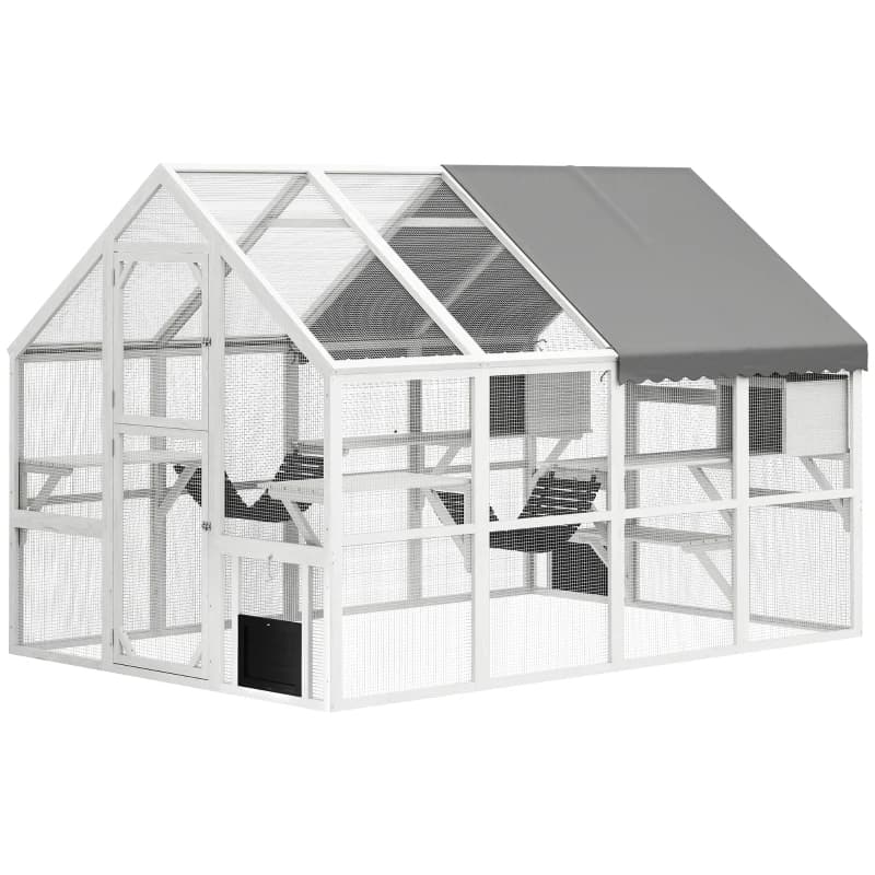 Enclos d'extérieur en bois pour chat avec housse imperméable, 2 niches, 6 plateformes, ponts et portes, blanc