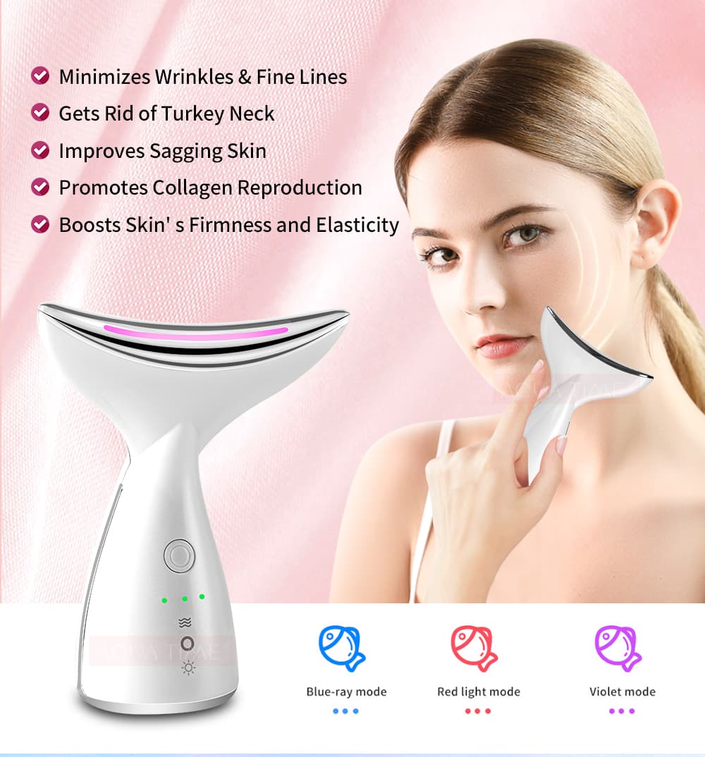 Appareil de beauté EMS à microcourant pour le cou et le visage avec photothérapie LED 3 couleurs, raffermissant la peau, réduisant le double menton et liftant le visage