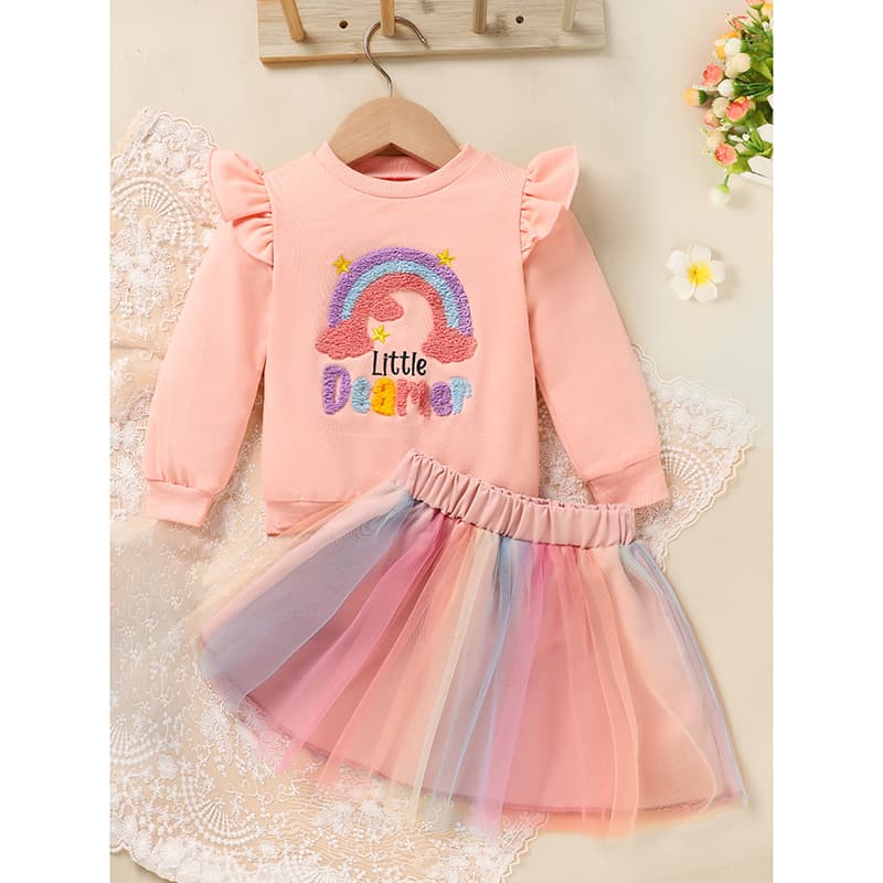 Baby Girls Rainbow Skirt Set Letters Embroidery Long Sleeve Sweatshirt Tops Rainbow Tutu Skirt Outfits
