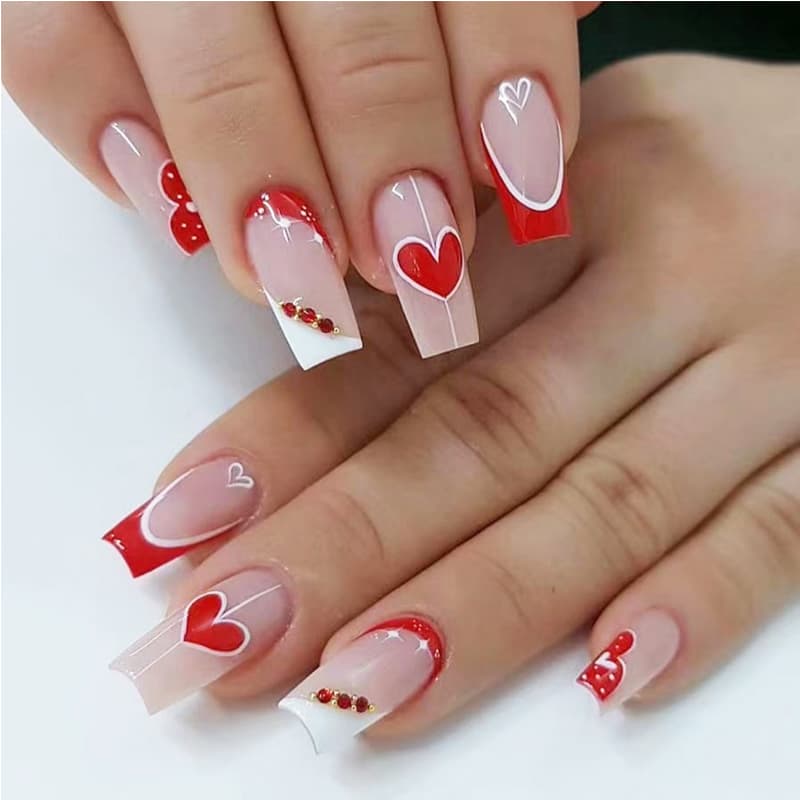 24 PCS Red And White Heart Nail Art