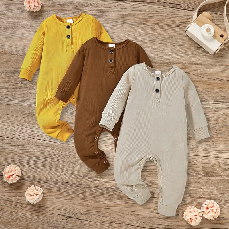 3-Pack Newborns Infants Baby Boys Girls Long Sleeve Ribbed Romper Soft Button Front Jumpsuit