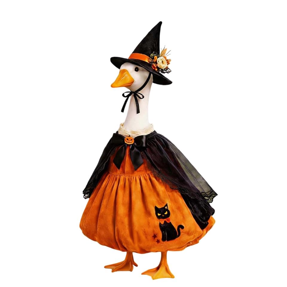 Halloween Porch Goose Outfits Pumpkin Witch Black Cat Dress With Hat For 23'' Lawn Cement Plastic Goose Cute Porch Goose Outfit For Outdoor Garden Yard Decor