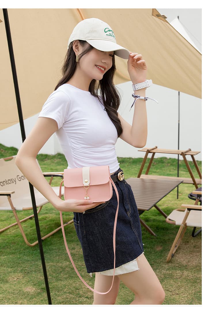 Casual Daily Small Shoulder Bag Ladies Color Block Phone Crossbody Bag Elegant Pearl Decor Mini Handbag