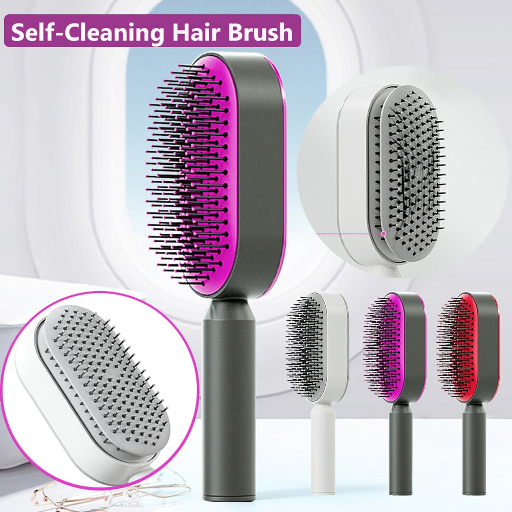 Self-cleaning hair brush with scalp massage and airbag