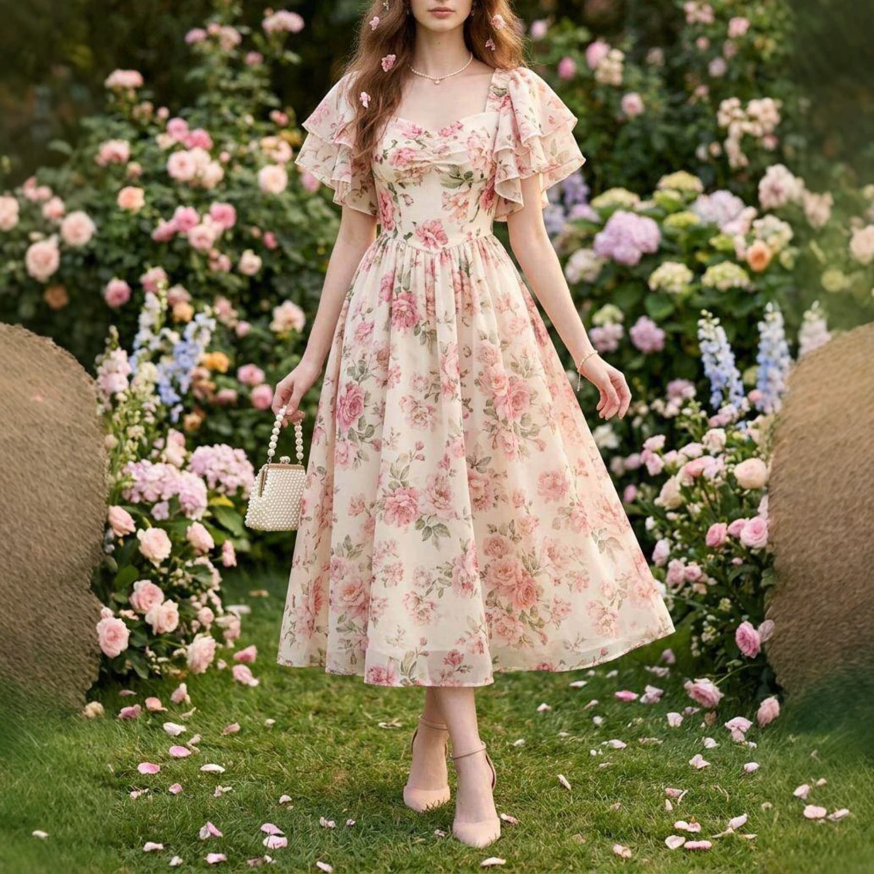 Robe midi à imprimé fleuri, col carré, manches bouffantes, taille cintrée et ourlet évasé