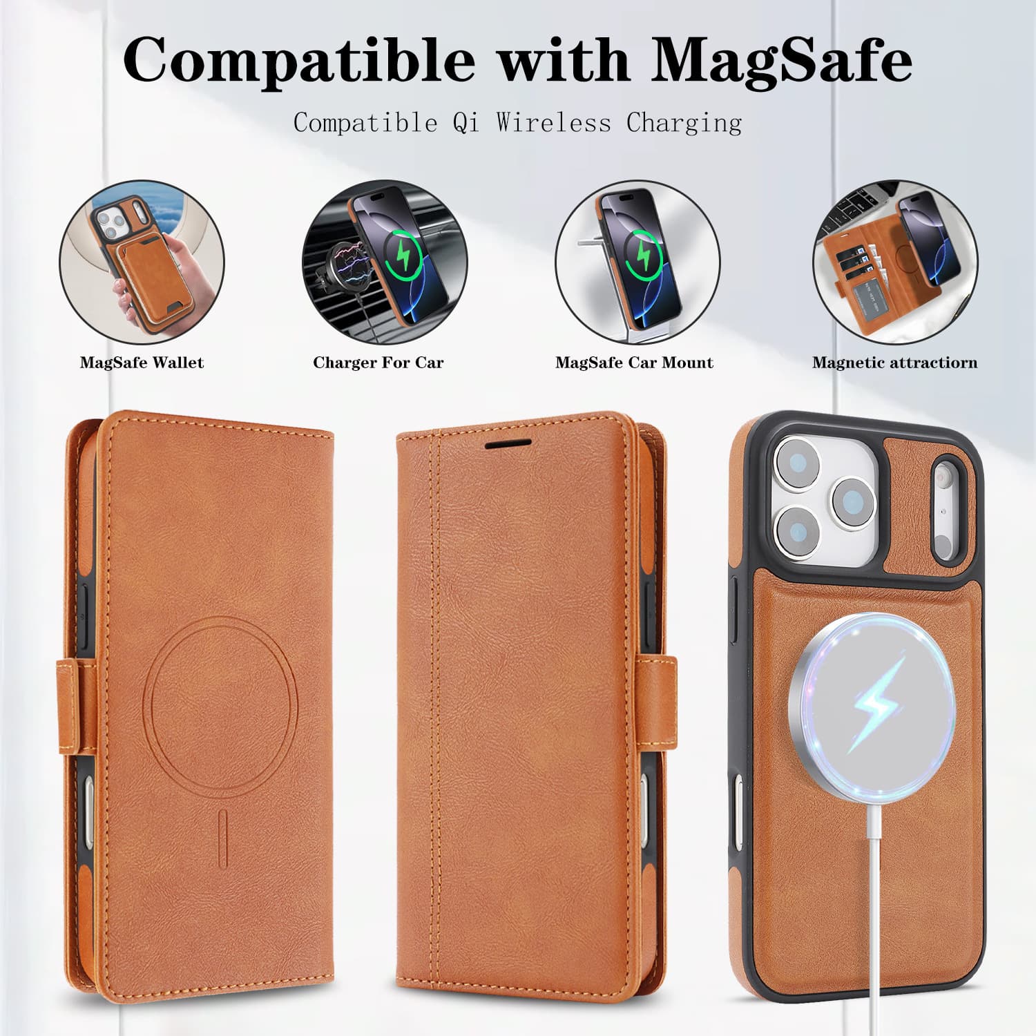 Coque de téléphone en cuir magnétique à charge sans fil
