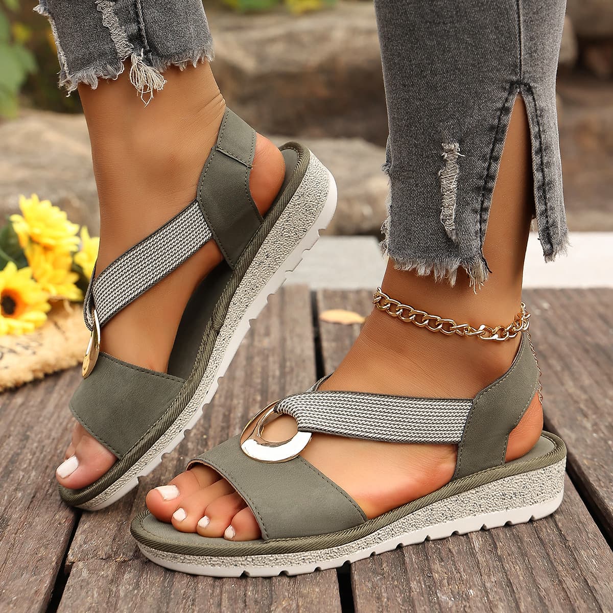 Plus Size Fish Mouth Wedge Sandals Flat Sole Elastic Strap Open Toe Summer Shoes For Women