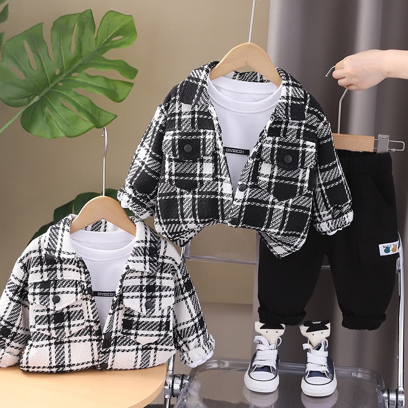 Spring And Autumn Casual Plaid Long-Sleeved Shirt Three-Piece Set