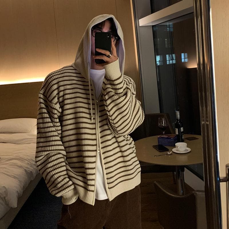 AutumnWinter Hooded Striped Sweater Cardigan Coat