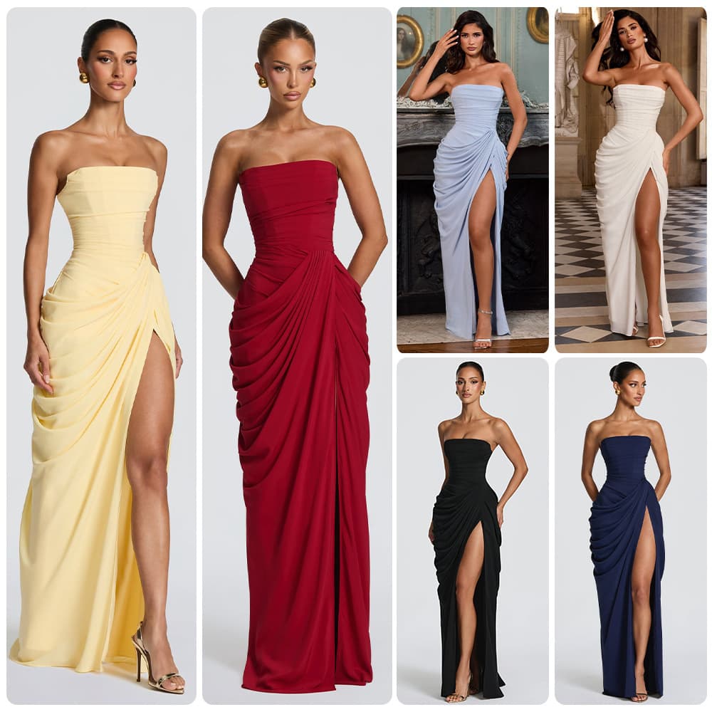 French Style Romantic Strapless Pleated Slit Dress - Women's Elegant Evening Gown For Summer Party Wedding Dresses