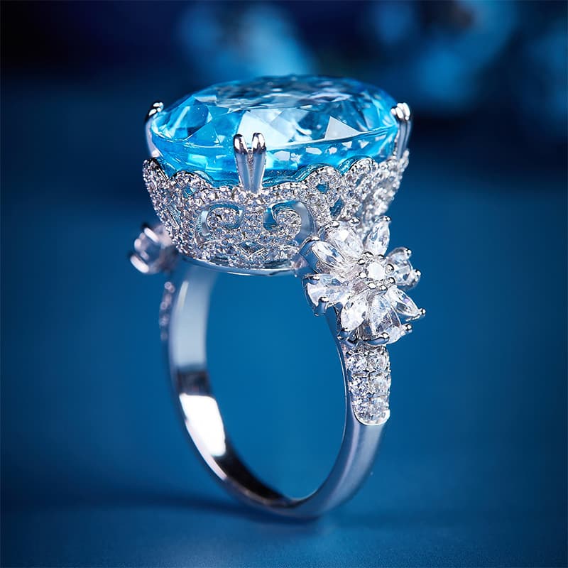 Women Vintage Lace Halo Cubic Zirconia Statement Ring Ocean Tone Oval Main Stone 3D Floral Side Accent Adjustable Silver Plated Finger Jewelry