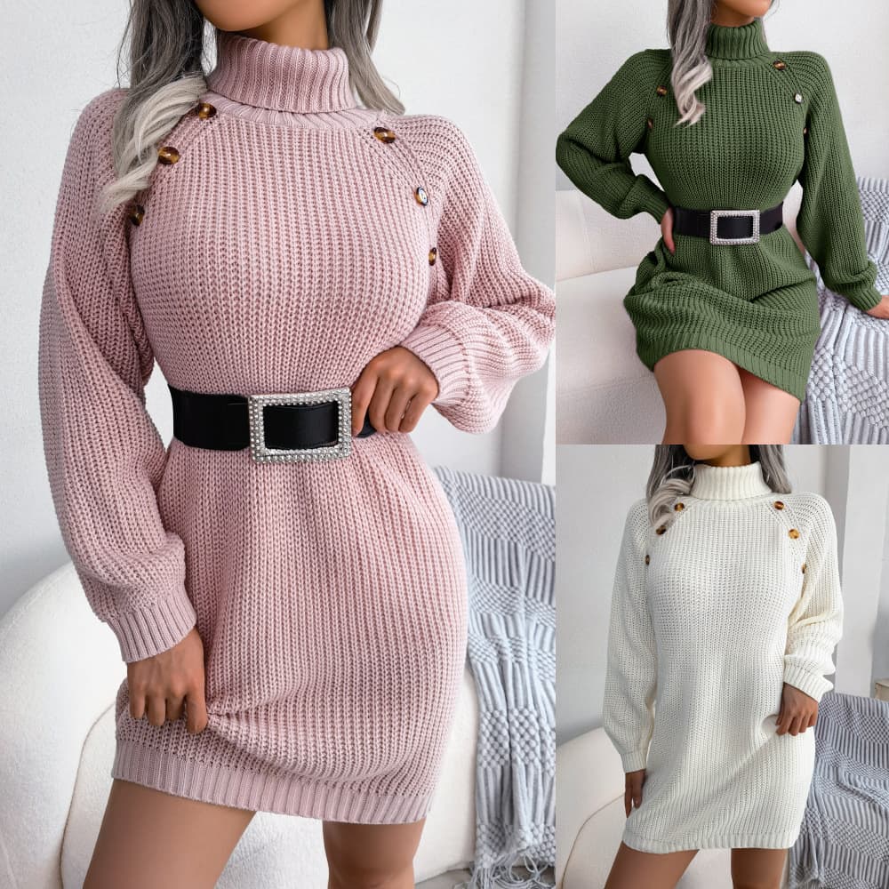 Robe pull longue d'hiver à col roulé avec boutons décoratifs, robe pull de base à manches longues et taille cintrée pour femme