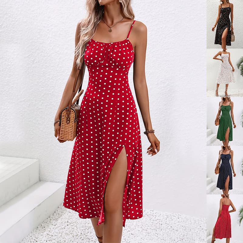 Nouvelle robe à bretelles imprimée à pois, robe longue d'été sexy fendue pour vêtements femme