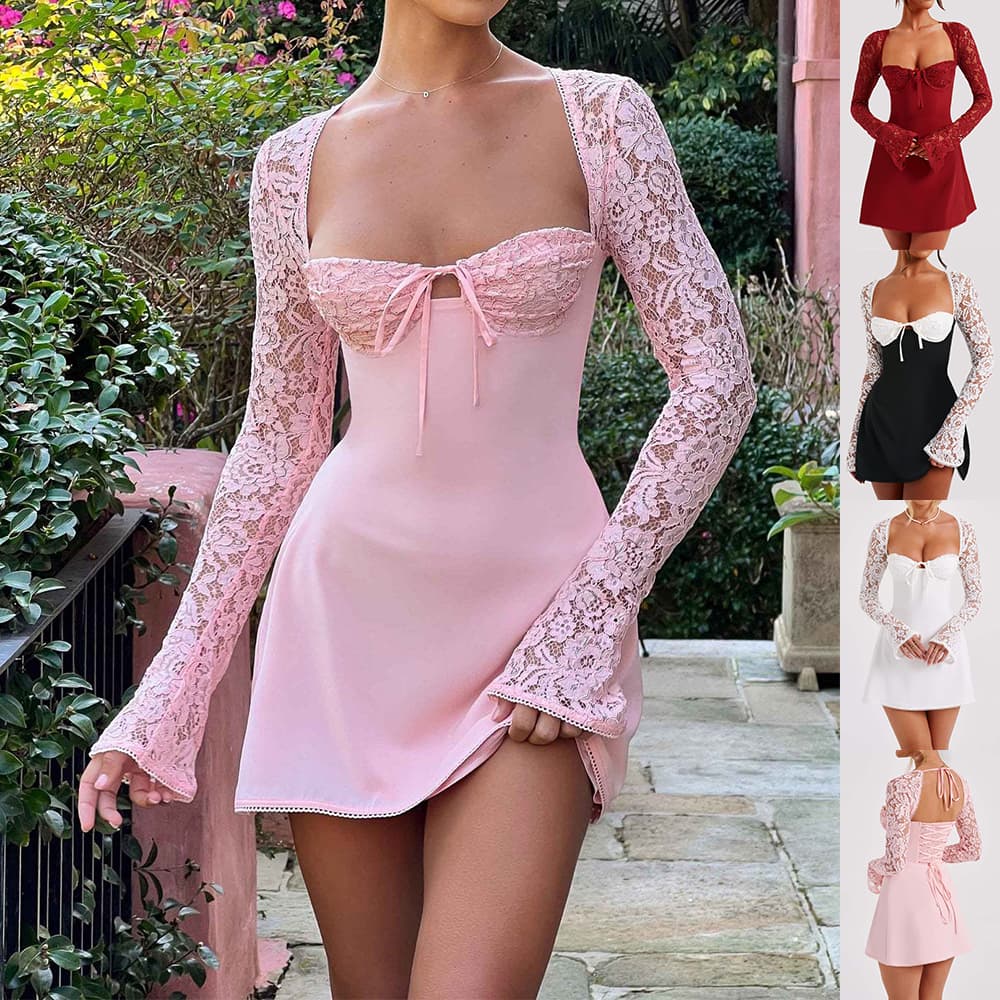 Y2K Lace Long Sleeve Dress Fashion Sexy Corset Backless Lace Up Short Dresses Womens Clothing