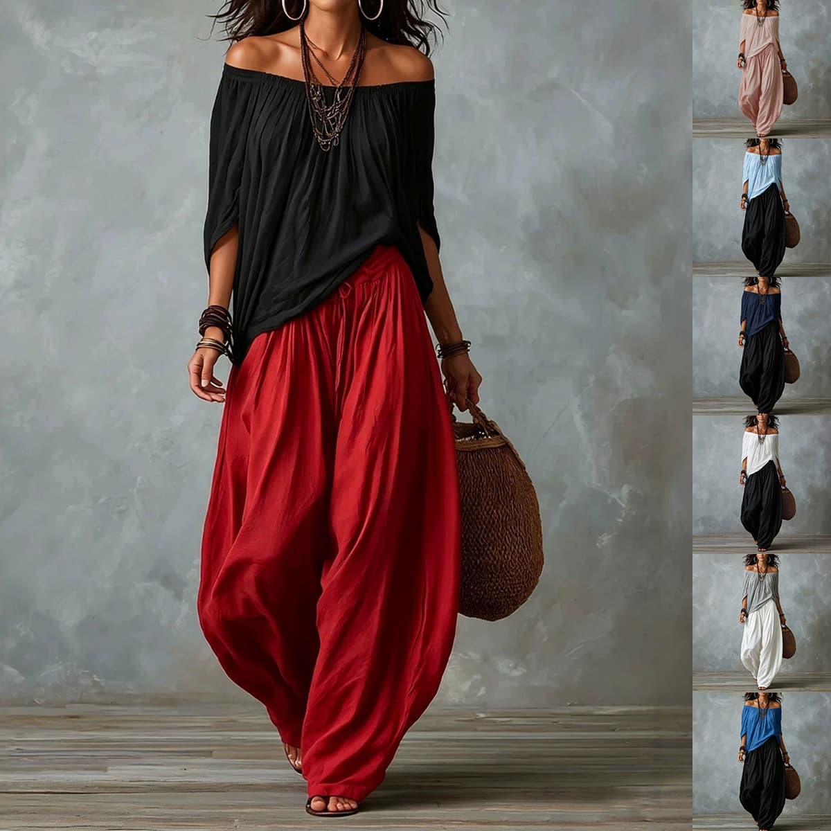 Women's Off-Shoulder Suit Long Sleeve Top And Flare Leg Pants Set - Loose Fit Casual Two Piece Outfit