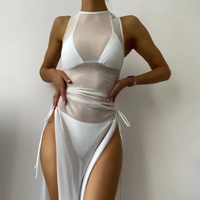 Ensemble de maillot de bain bikini, robe longue de couleur unie, maillot de bain sexy trois pièces séparé pour femme