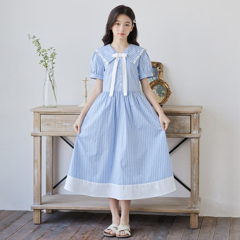 Collar Dress for Kids and Teens Girl's Academic Style Striped Dress