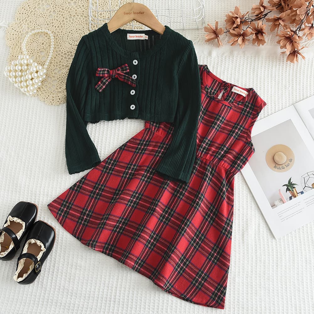 Autumn/Winter Girls' Green Long Sleeve Cardigan Top with Red Plaid Vest Dress Set Christmas Bestseller