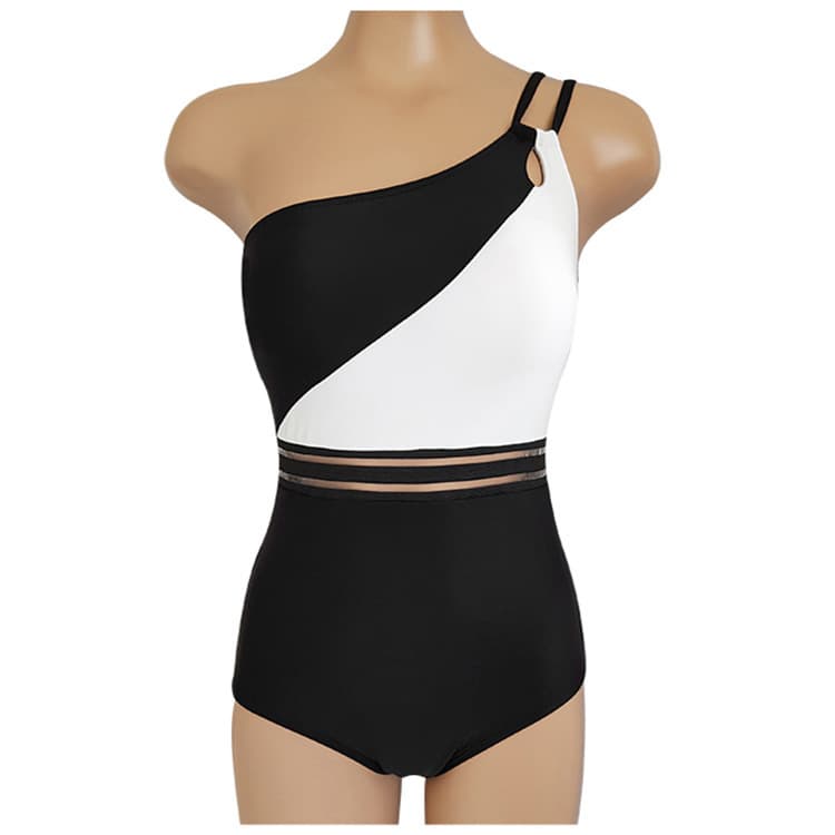 Maillot de bain une pièce ajusté taille haute bicolore noir et blanc pour femme